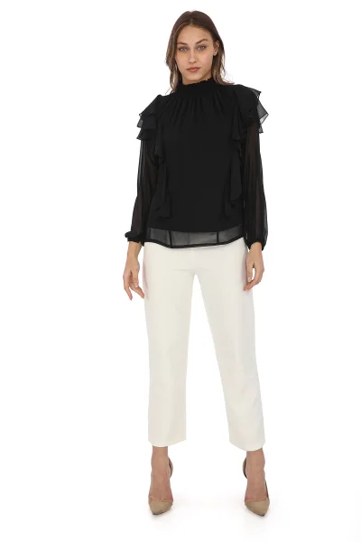 Omuz Fırfırlı Yaka Gipeli Şifon Bluz 6001-Siyah