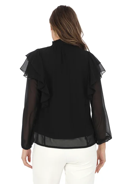 Omuz Fırfırlı Yaka Gipeli Şifon Bluz 6001-Siyah