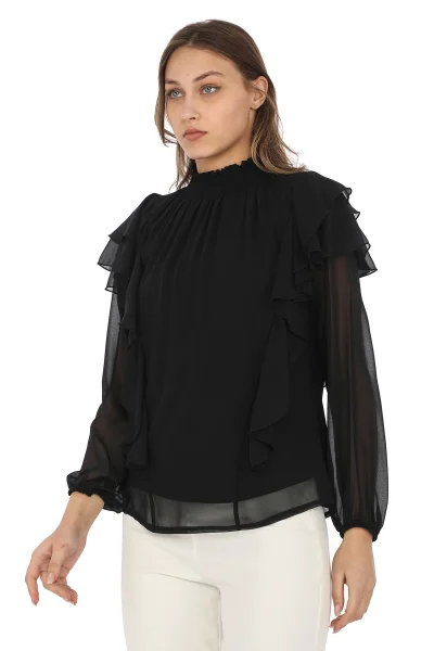 Omuz Fırfırlı Yaka Gipeli Şifon Bluz 6001-Siyah