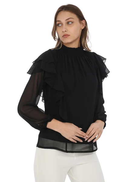 Omuz Fırfırlı Yaka Gipeli Şifon Bluz 6001-Siyah