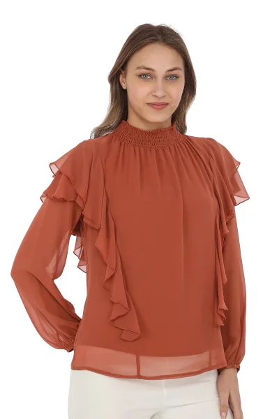 Omuz Fırfırlı Yaka Gipeli Şifon Bluz 6001-Taba