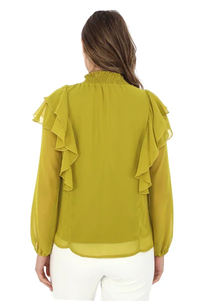 Omuz Fırfırlı Yaka Gipeli Şifon Bluz 6001-Yağ Yeşili