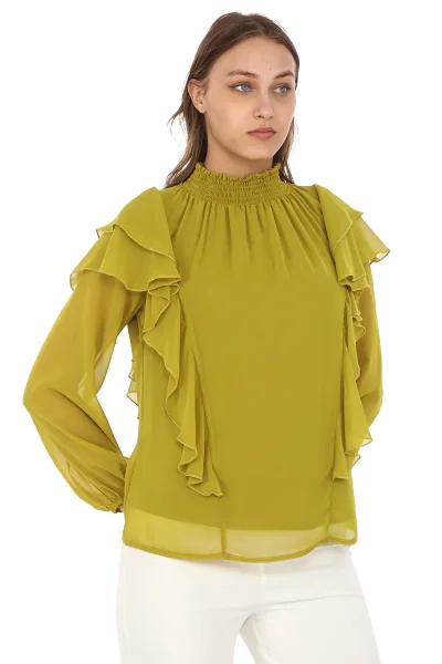 Omuz Fırfırlı Yaka Gipeli Şifon Bluz 6001-Yağ Yeşili