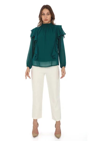 Omuz Fırfırlı Yaka Gipeli Şifon Bluz 6001-Zümrüt Yeşili