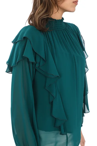 Omuz Fırfırlı Yaka Gipeli Şifon Bluz 6001-Zümrüt Yeşili