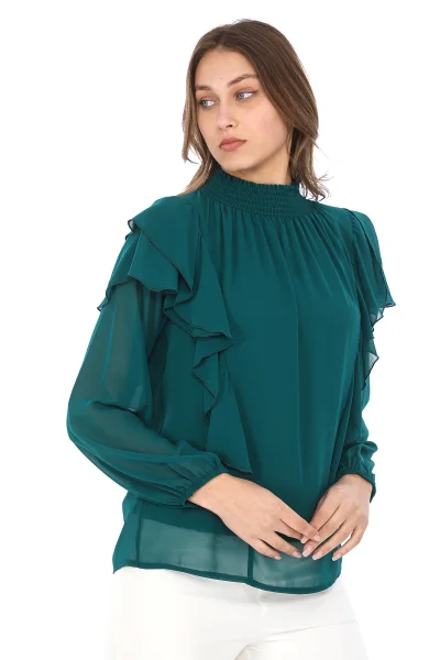 Omuz Fırfırlı Yaka Gipeli Şifon Bluz 6001-Zümrüt Yeşili