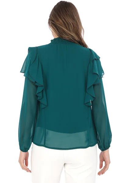 Omuz Fırfırlı Yaka Gipeli Şifon Bluz 6001-Zümrüt Yeşili
