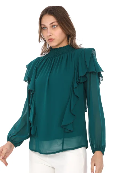 Omuz Fırfırlı Yaka Gipeli Şifon Bluz 6001-Zümrüt Yeşili