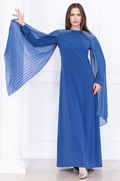 Omuz İşleme Detaylı Pelerinli Elbise 1017-İndigo