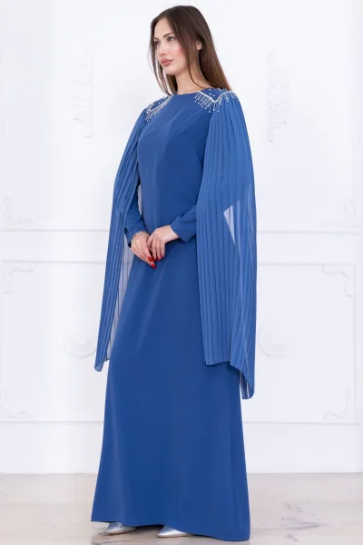 Omuz İşleme Detaylı Pelerinli Elbise 1017-İndigo