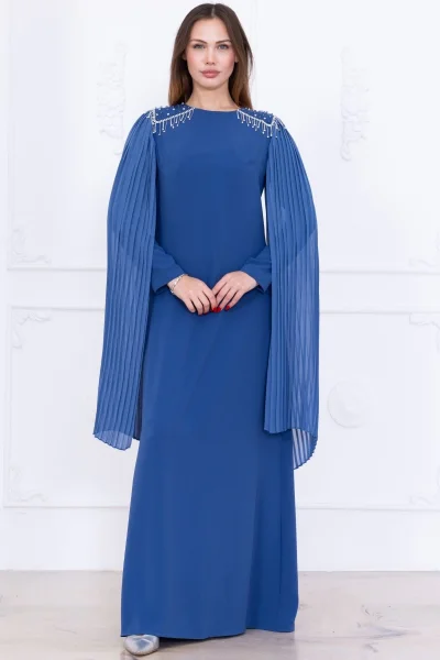 Omuz İşleme Detaylı Pelerinli Elbise 1017-İndigo