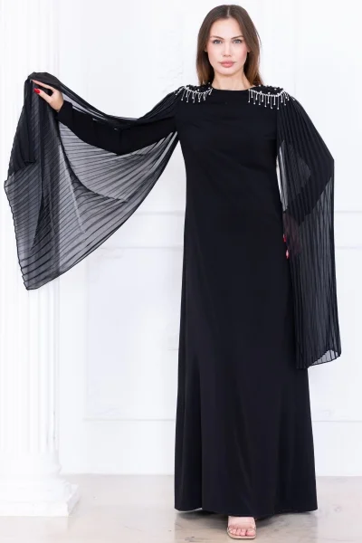 Omuz İşleme Detaylı Pelerinli Elbise 1017-Siyah
