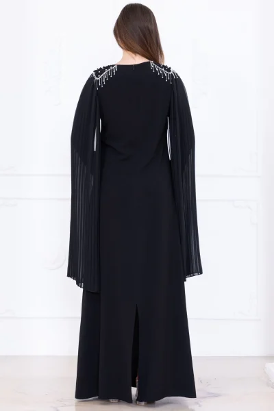 Omuz İşleme Detaylı Pelerinli Elbise 1017-Siyah