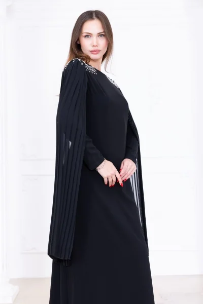 Omuz İşleme Detaylı Pelerinli Elbise 1017-Siyah