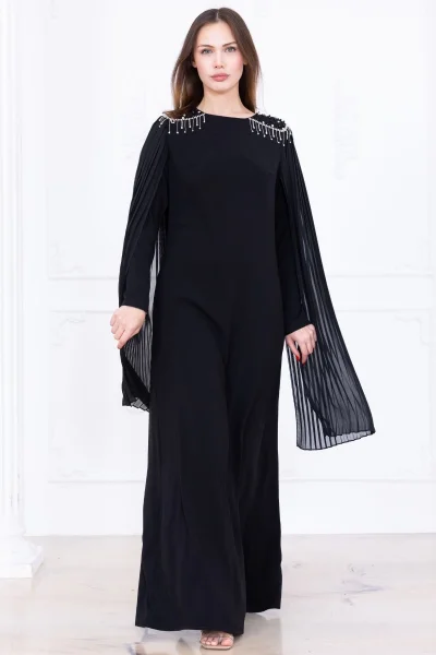 Omuz İşleme Detaylı Pelerinli Elbise 1017-Siyah