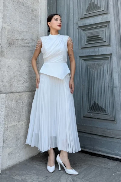 Omuz İşlemeli Pliseli Abiye Elbise 2385-Beyaz