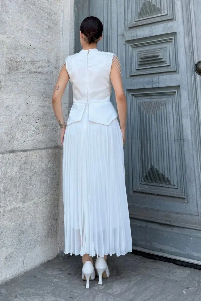 Omuz İşlemeli Pliseli Abiye Elbise 2385-Beyaz