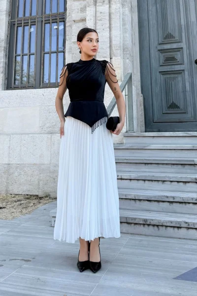 Omuz İşlemeli Pliseli Abiye Elbise 2385-Siyah/Beyaz