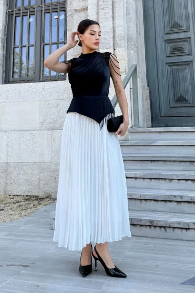 Omuz İşlemeli Pliseli Abiye Elbise 2385-Siyah/Beyaz