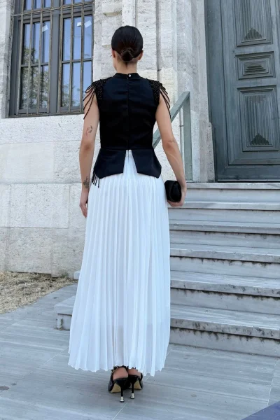 Omuz İşlemeli Pliseli Abiye Elbise 2385-Siyah/Beyaz