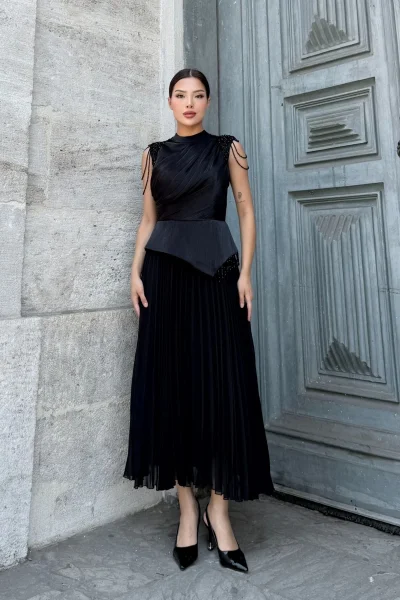 Omuz İşlemeli Pliseli Abiye Elbise 2385-Siyah