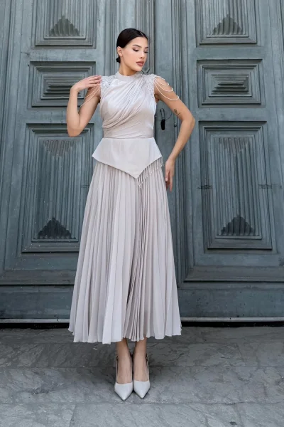 Omuz İşlemeli Pliseli Abiye Elbise 2385-Bej