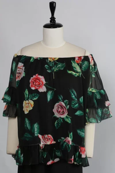 Omuz Lastikli Şifon Bluz 1769-Siyah/Yeşil