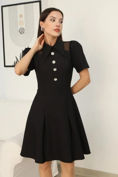 Omuz Tül Detaylı Gömlek Yaka Midi Elbise 2327-Siyah