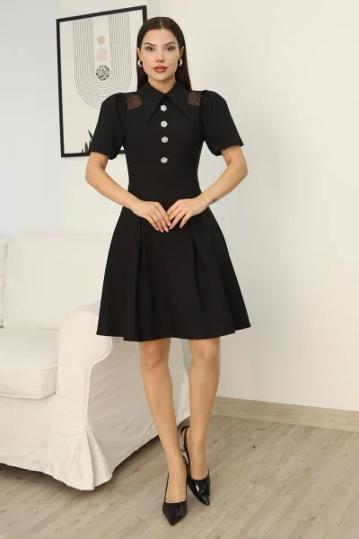 Omuz Tül Detaylı Gömlek Yaka Midi Elbise 2327-Siyah