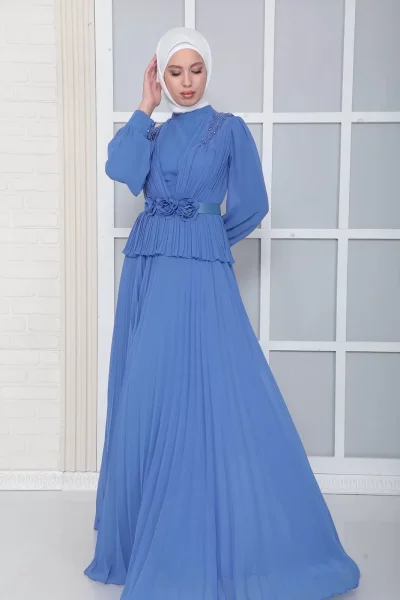 Omuz Ve Kemer Detaylı Pliseli Tesettür Abiye Elbise 816-İndigo
