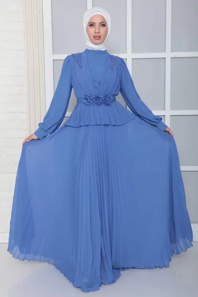 Omuz Ve Kemer Detaylı Pliseli Tesettür Abiye Elbise 816-İndigo