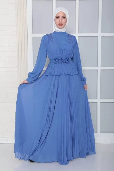 Omuz Ve Kemer Detaylı Pliseli Tesettür Abiye Elbise 816-İndigo