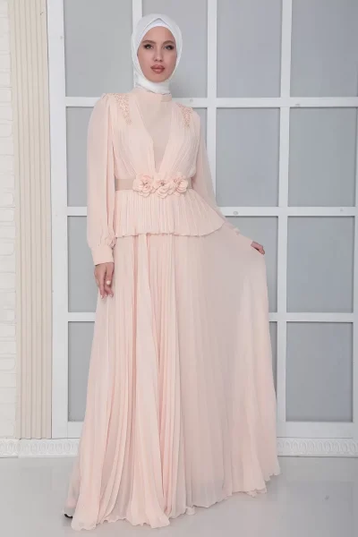 Omuz Ve Kemer Detaylı Pliseli Tesettür Abiye Elbise 816-Pudra