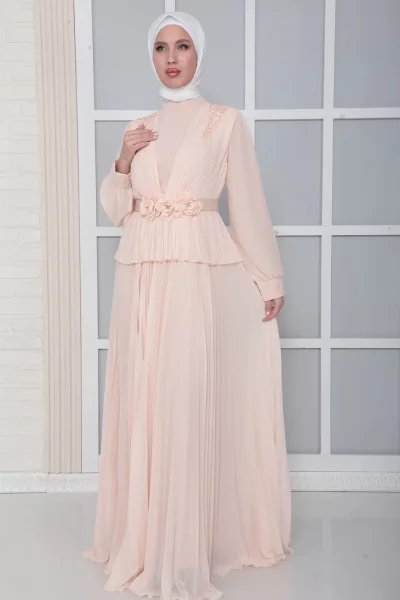 Omuz Ve Kemer Detaylı Pliseli Tesettür Abiye Elbise 816-Pudra