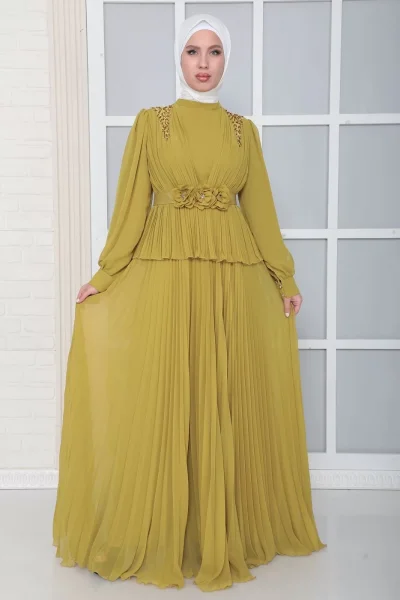 Omuz Ve Kemer Detaylı Pliseli Tesettür Abiye Elbise 816-Yağ Yeşili