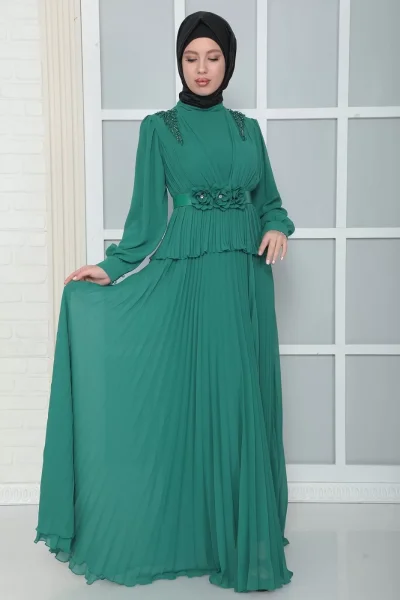 Omuz Ve Kemer Detaylı Pliseli Tesettür Abiye Elbise 816-Yeşil