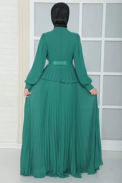 Omuz Ve Kemer Detaylı Pliseli Tesettür Abiye Elbise 816-Yeşil