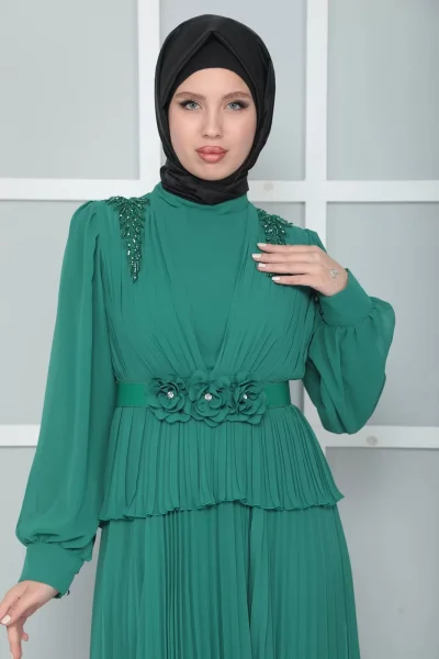 Omuz Ve Kemer Detaylı Pliseli Tesettür Abiye Elbise 816-Yeşil
