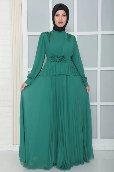 Omuz Ve Kemer Detaylı Pliseli Tesettür Abiye Elbise 816-Yeşil