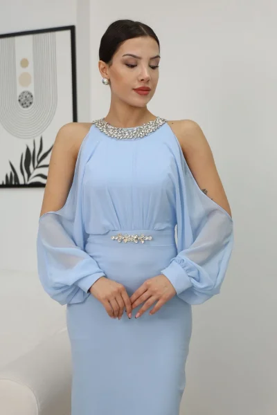 Omzu Açık Balon Kol Taş Detaylı Abiye Elbise 2261-Bebe Mavisi