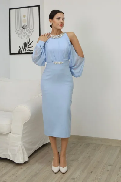 Omzu Açık Balon Kol Taş Detaylı Abiye Elbise 2261-Bebe Mavisi