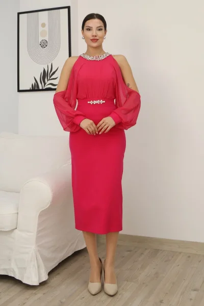Omzu Açık Balon Kol Taş Detaylı Abiye Elbise 2261-Fuşya