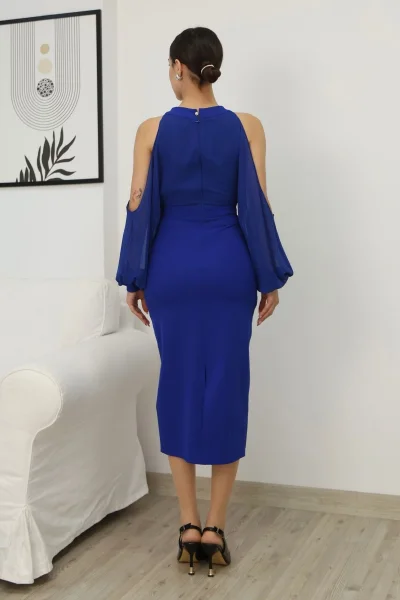 Omzu Açık Balon Kol Taş Detaylı Abiye Elbise 2261-Saks