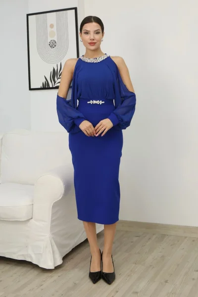 Omzu Açık Balon Kol Taş Detaylı Abiye Elbise 2261-Saks