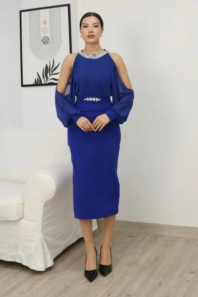 Omzu Açık Balon Kol Taş Detaylı Abiye Elbise 2261-Saks