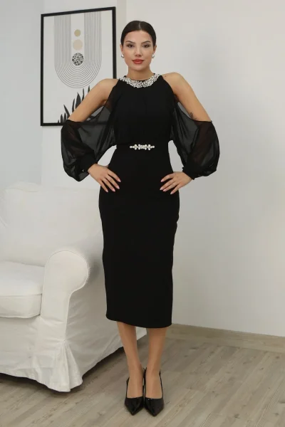 Omzu Açık Balon Kol Taş Detaylı Abiye Elbise 2261-Siyah