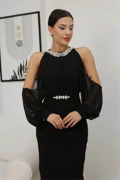 Omzu Açık Balon Kol Taş Detaylı Abiye Elbise 2261-Siyah