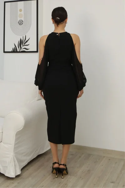 Omzu Açık Balon Kol Taş Detaylı Abiye Elbise 2261-Siyah