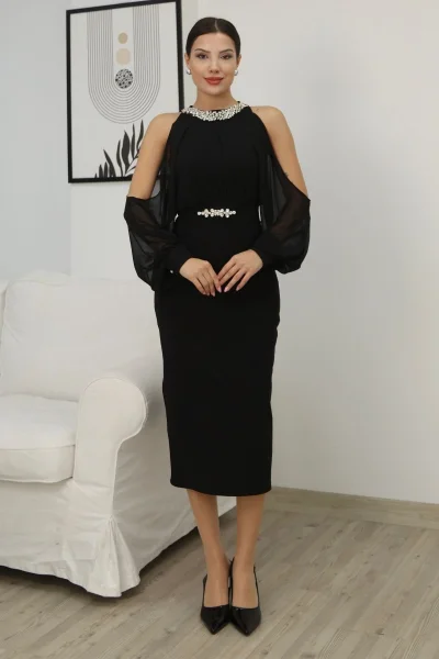 Omzu Açık Balon Kol Taş Detaylı Abiye Elbise 2261-Siyah