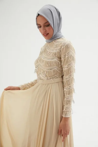 Payetli Abiye Elbise 718-Bej